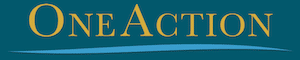 Logo association One Action texte jaune sur fond vert souligné de bleu